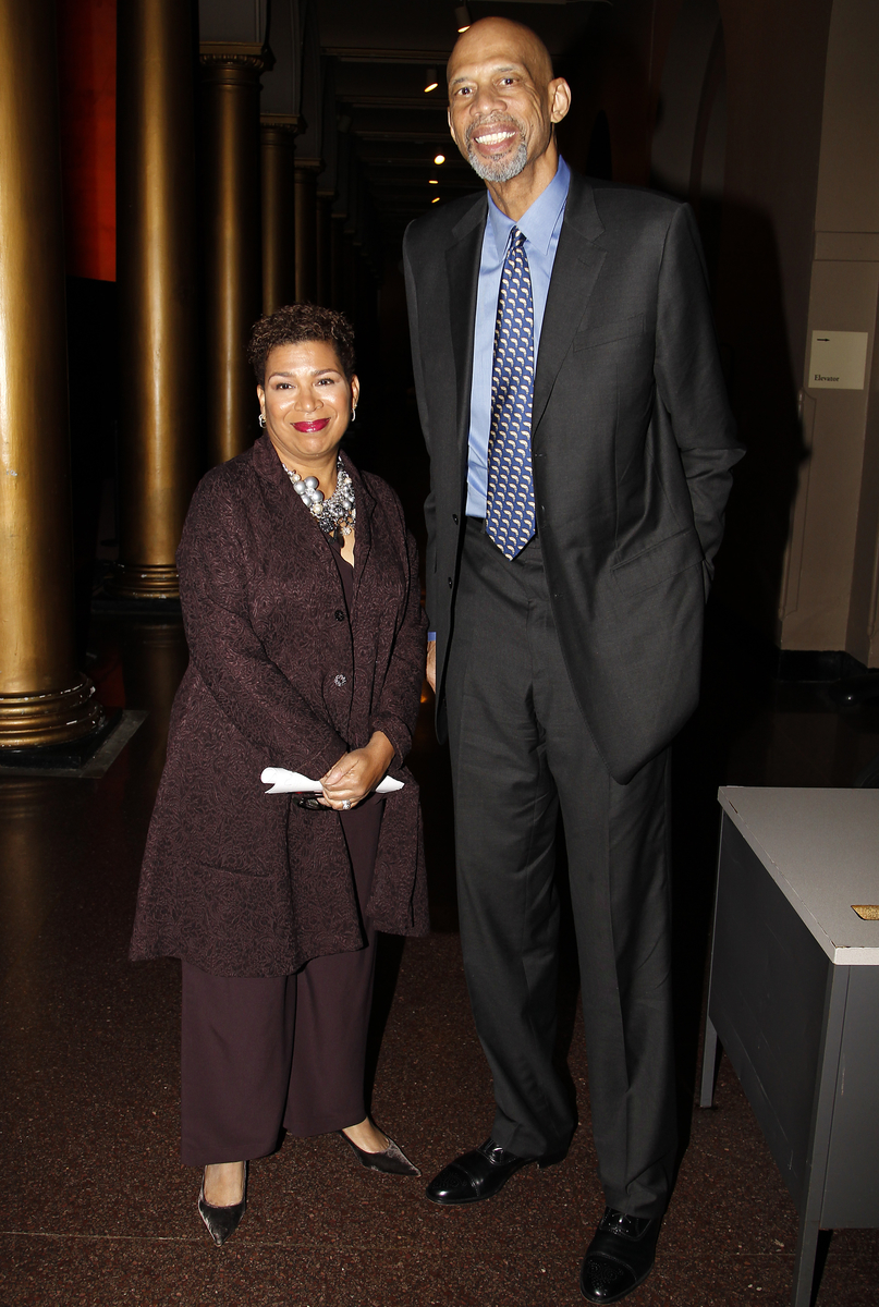Michel Martin, left, weekend host of NPR's All Things Considered, poses for a photo with NBA legend Kareem Abdul-Jabbar at the National Building Museum as part of NPR's annual Weekend in Washington on Friday, October 30, 2015 in Washington, DC. (Paul Morigi/AP Images for NPR)