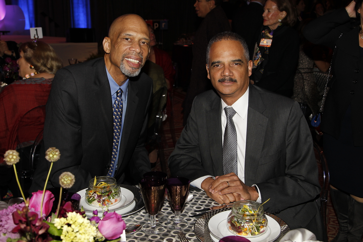 Kareem Abdul-Jabbar with Attorney General Eric Holder. The Opening Reception and Dinner: An Evening with Kareem Abdul-Jabbar on Friday, October 30, 2015 at the National Building Museum in Washington, DC. (Paul Morigi/AP Images for NPR)