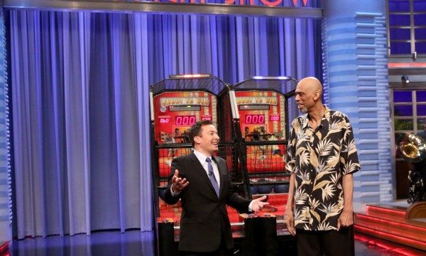 Jimmy and Kareem compete in the classic basketball arcade game "Pop-A-Shot" during L.A. Week.